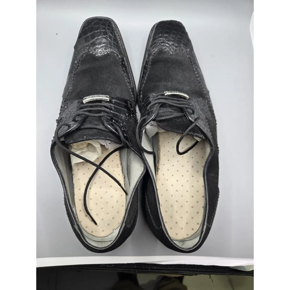 Belvedere Mens Wingtip Oxfords Black Leather Crocodile Square‎ Toe Lace Up 9.5
